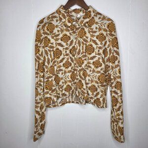 Nicole Miller Womens Linen Blend Brown Floral Button Front Top Size L Boho Chic